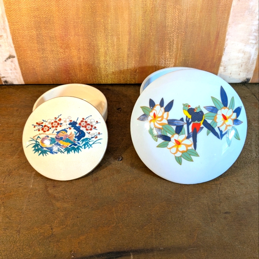 Vtg Japanese Seto Parrot And Duck Ceramic Decorative Box Set